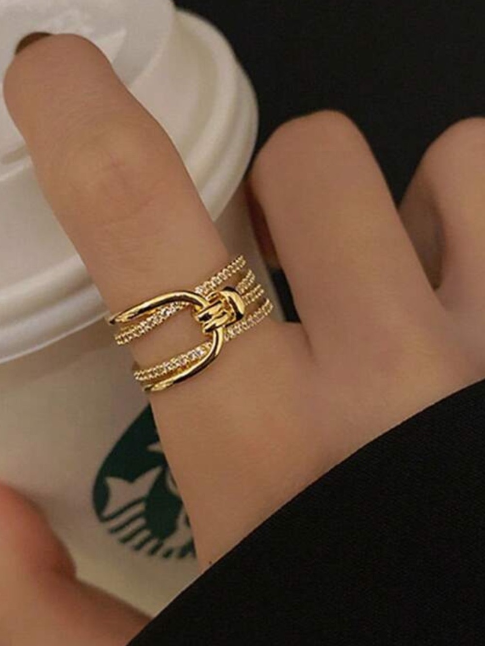 Elegant Gold Buckle Multi-Band Women’s Ring